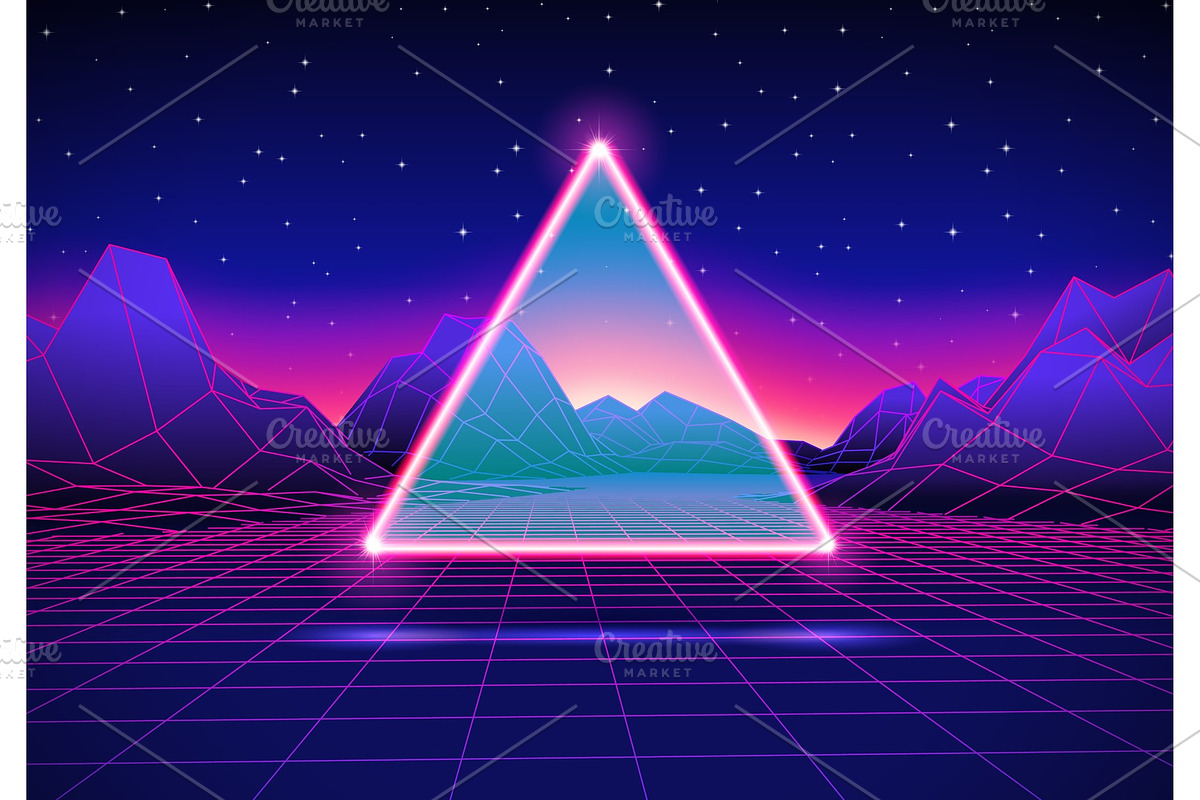 Retro futuristic landscape with triangle and shiny grid, an Illustration by Swillklitch