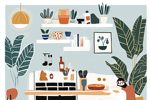 A charming, cozy kitchen scene, a Work Illustration by Sybillla