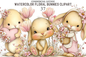 Watercolor Floral Bunnies Clipart, an Animal Illustration by designcity5