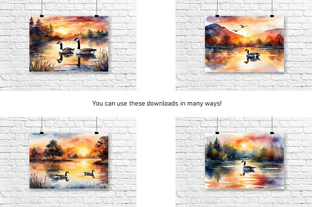 Watercolor Pond Landscape Geese Set2