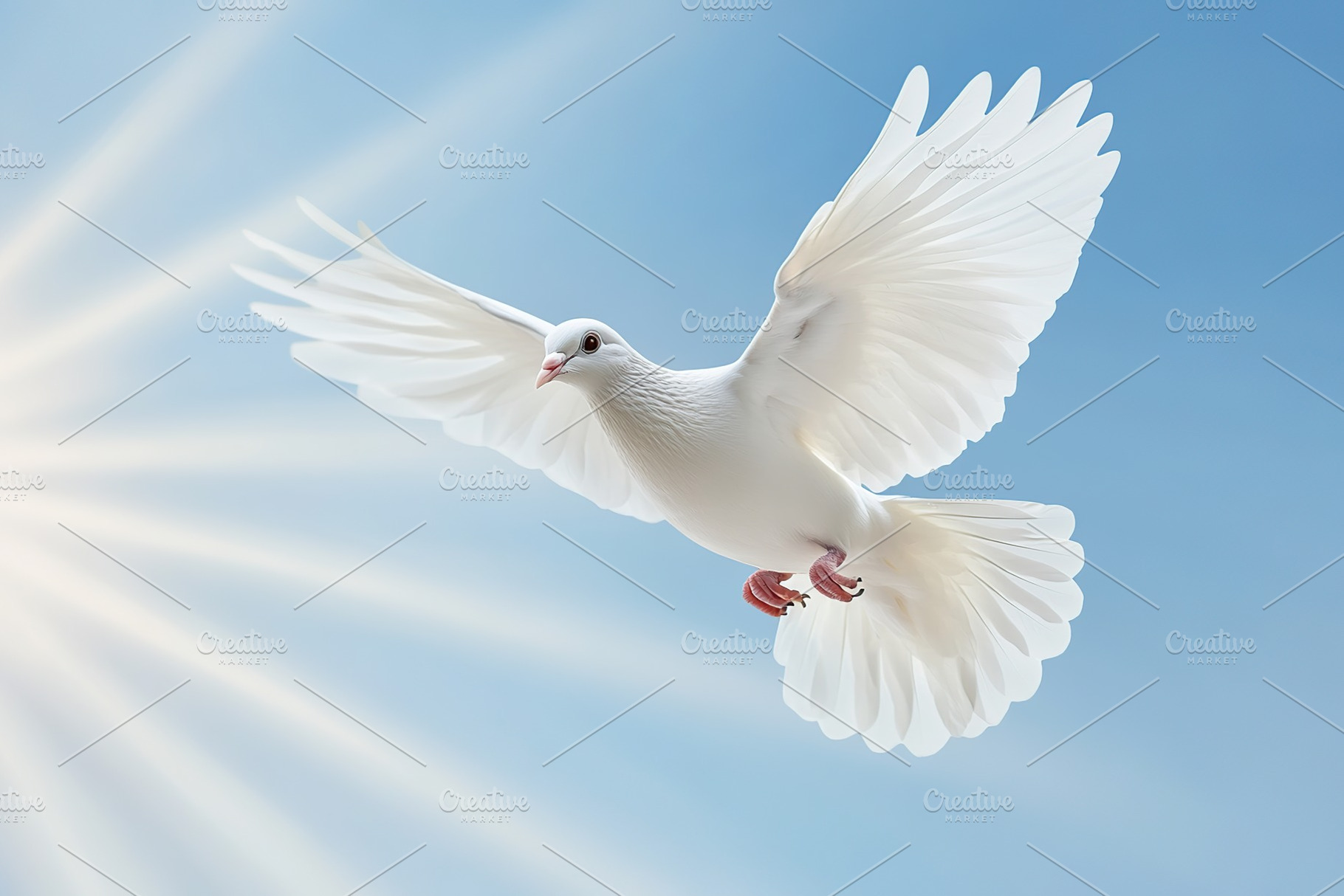 White dove flying in sky with sun rays, an Animal Photo by AlyaAnd