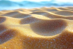 Golden sandy beach with gentle waves shimmering in the background., a Background Photo by ImageMir