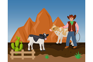 Cowboy On Ranch Vector Illustration