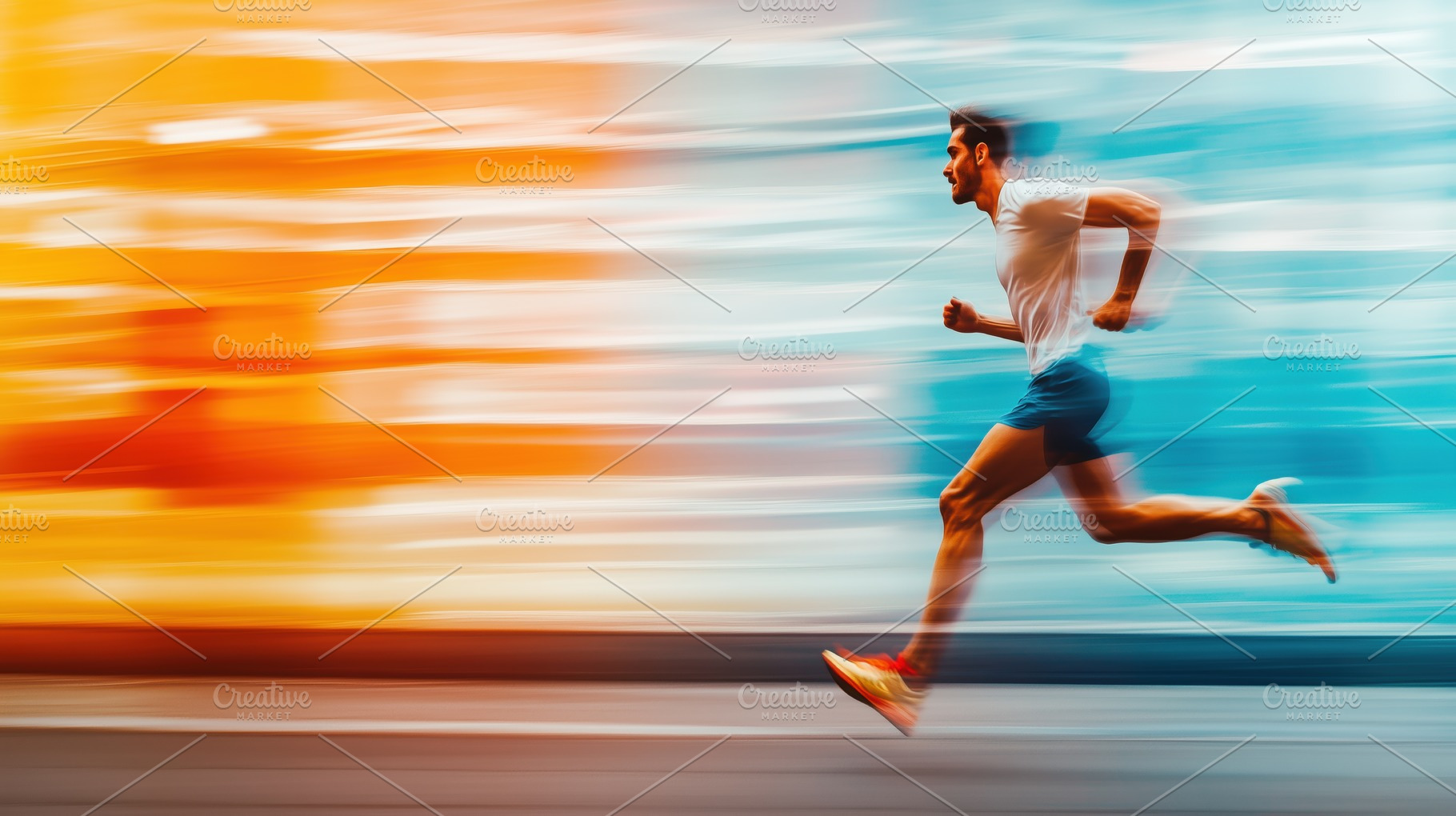 A man running swiftly against a vibrant, blurred background of orange and blue, a Person Photo by Textures & Backgrounds