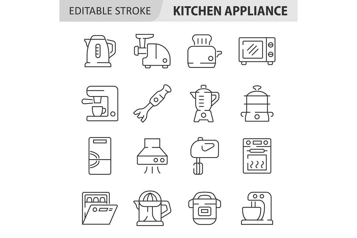 Kitchen appliance line icon set, an Outline Icon by ElineDesign