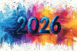 Bold blue 2026 numbers over colorful splattered paint background, a Background Photo by José Manuel Gelpi