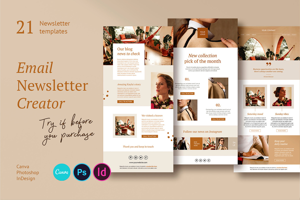 Newsletter / CANVA, PS, INDD / Kayla, an Email Template by Mirazz (Photo 1 of 13)