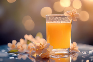 Bright orange drink garnished with f, a Photo by Tanuart