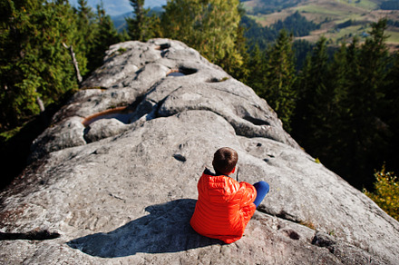 Boy on top of mountain. Children hiking on beautiful day in moun, a Nature Photo by AS photostudio