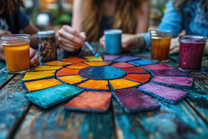 Group engaged in creative activity w, a Photo by Tanuart