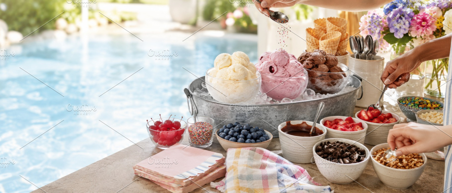 Ice cream bar by pool with variety o, a Photo by Dvoevnore photos