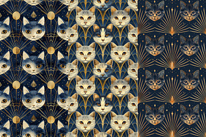 8 Art Deco Cats Seamless Patterns