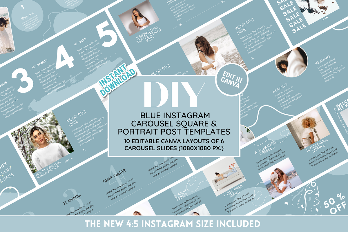 Blue Instagram Carousel Templates, a Social Media Template by SunshineStudioBoutique (Photo 1 of 9)