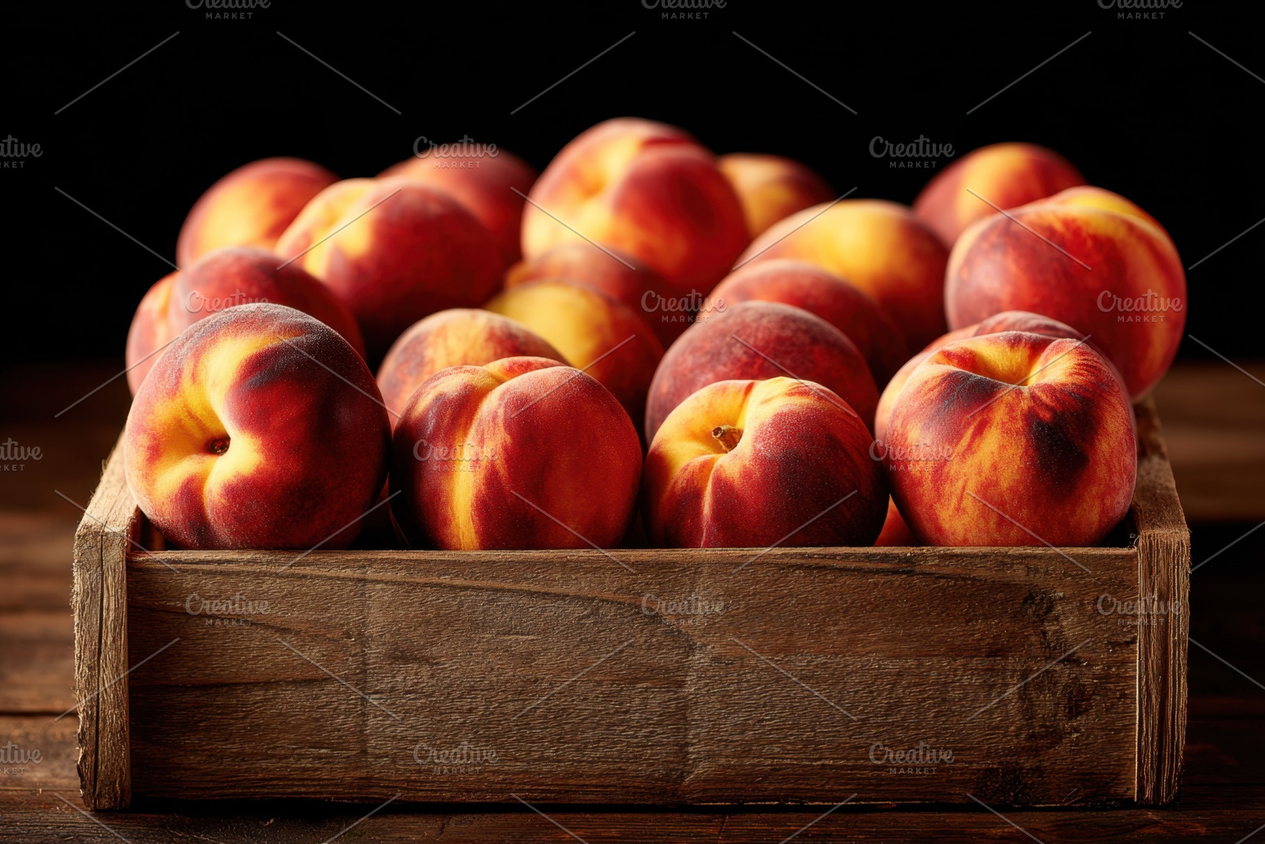 Fresh ripe peaches in a wooden crate, a Food & Drink Photo by AlyaAnd