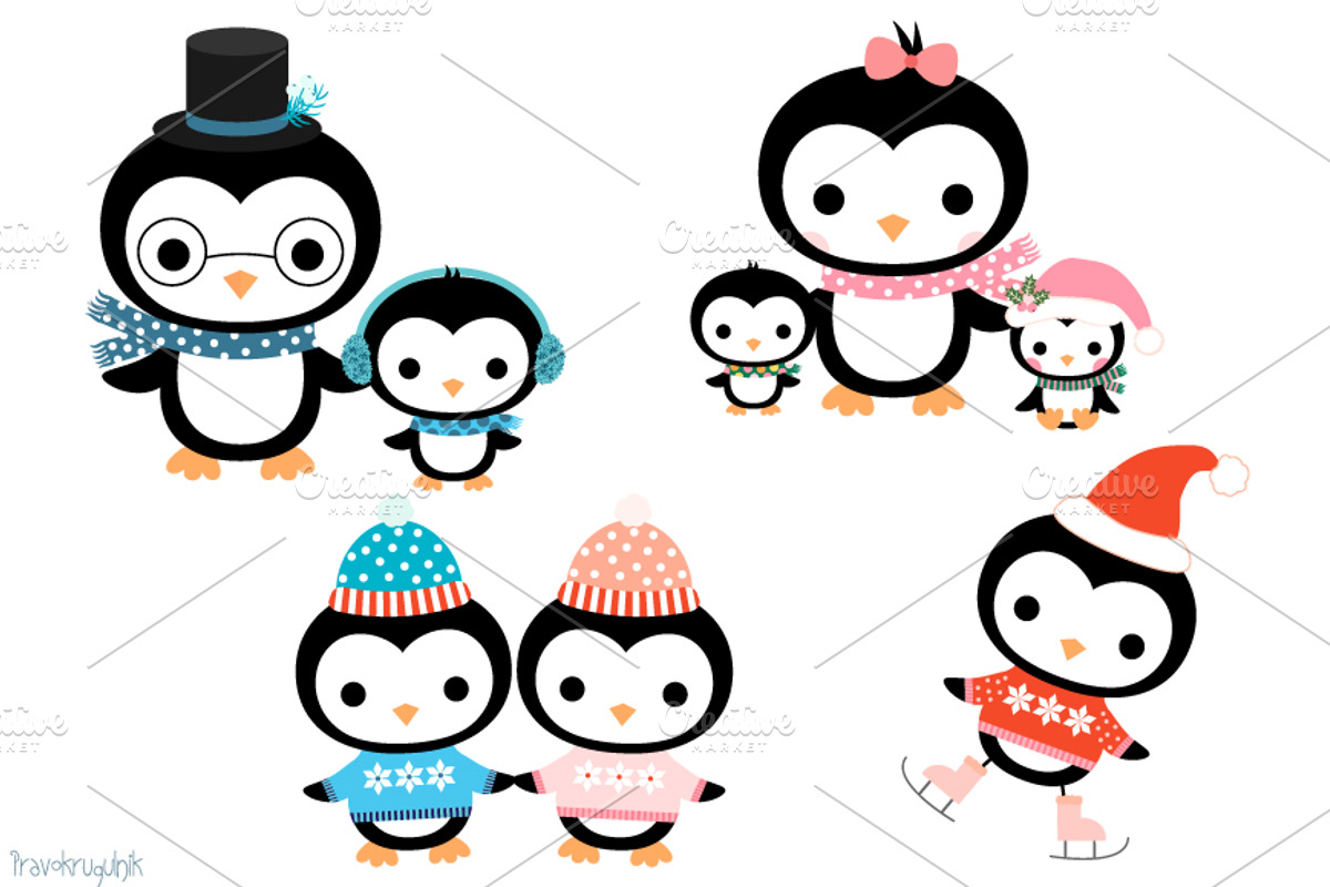 Kawaii penguin family clipart set, an Illustration by Pravokrugulnik (Photo 2 of 3)