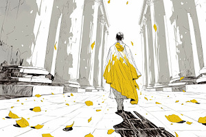 Person walking among grand columns with yellow autumn leaves scattered, an Illustration by AS photostudio