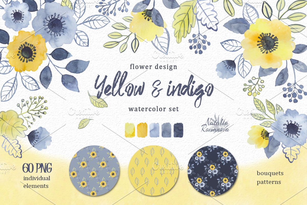 Watercolor set of yellow and indigo, an Illustration by BrushArtDesigns (Photo 1 of 6)