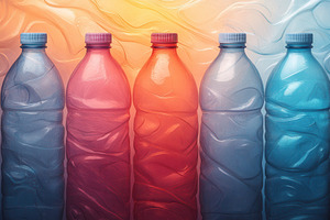 Colorful water bottles arranged in a, a Photo by Tanuart