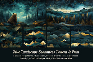 Blue Night Landscape Pattern Print