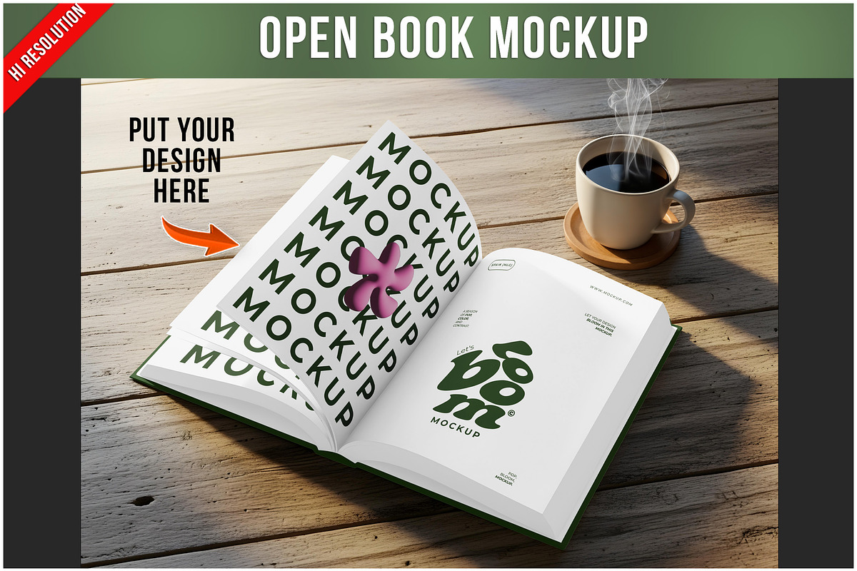 Open Book Mockup On Wooden Table PSD, a Product Mockup by Bruno's Shop (Photo 1 of 4)