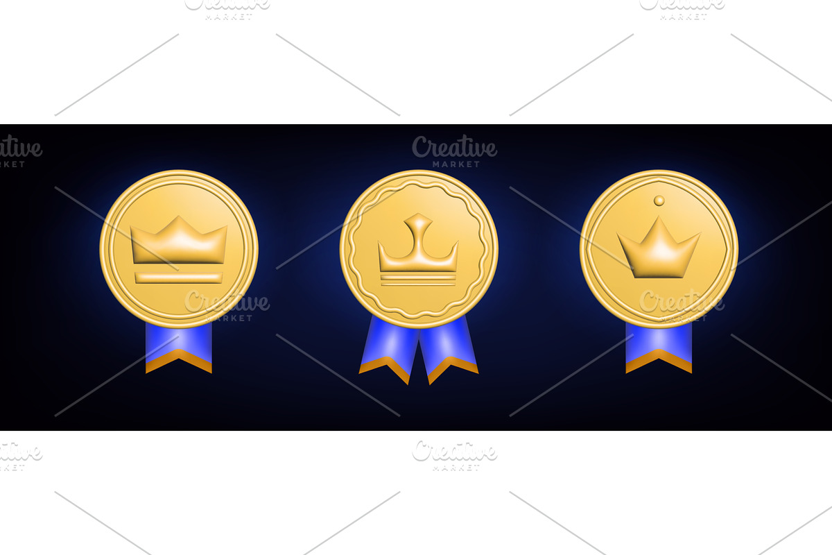 Gold medal award icons, blue ribbon, an Object Illustration by art PVP - market