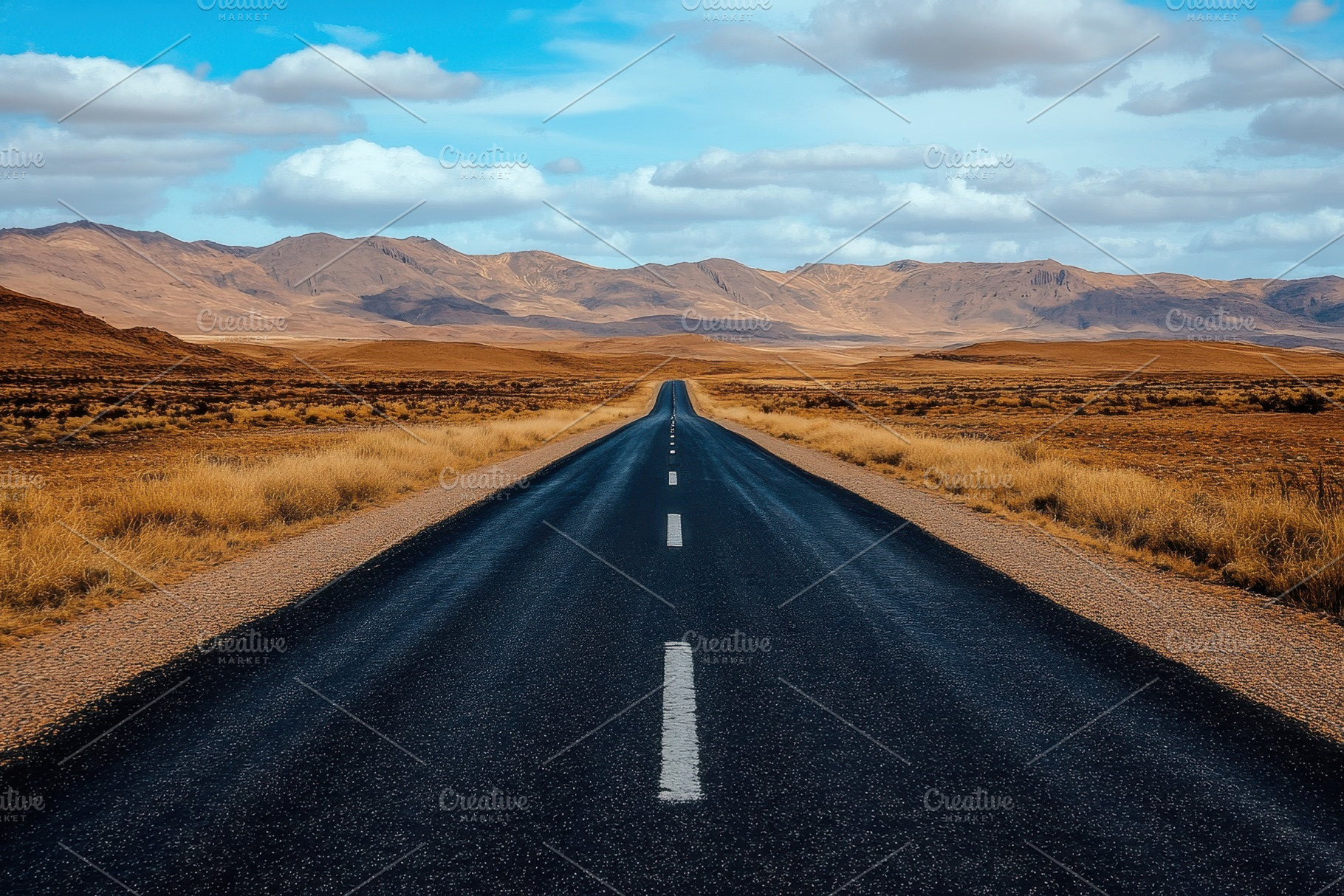 Journey down an empty asphalt road, a Photo by Pavel_design