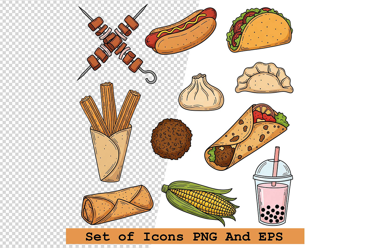 Set of  street food icons vector, an Icon by one-touch