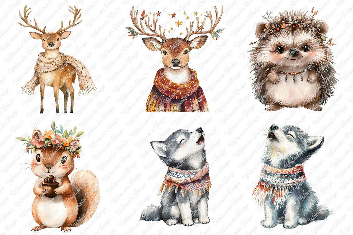 Watercolor Boho Woodland Animal Clip, an Illustration by Watercolor design (Photo 3 of 12)