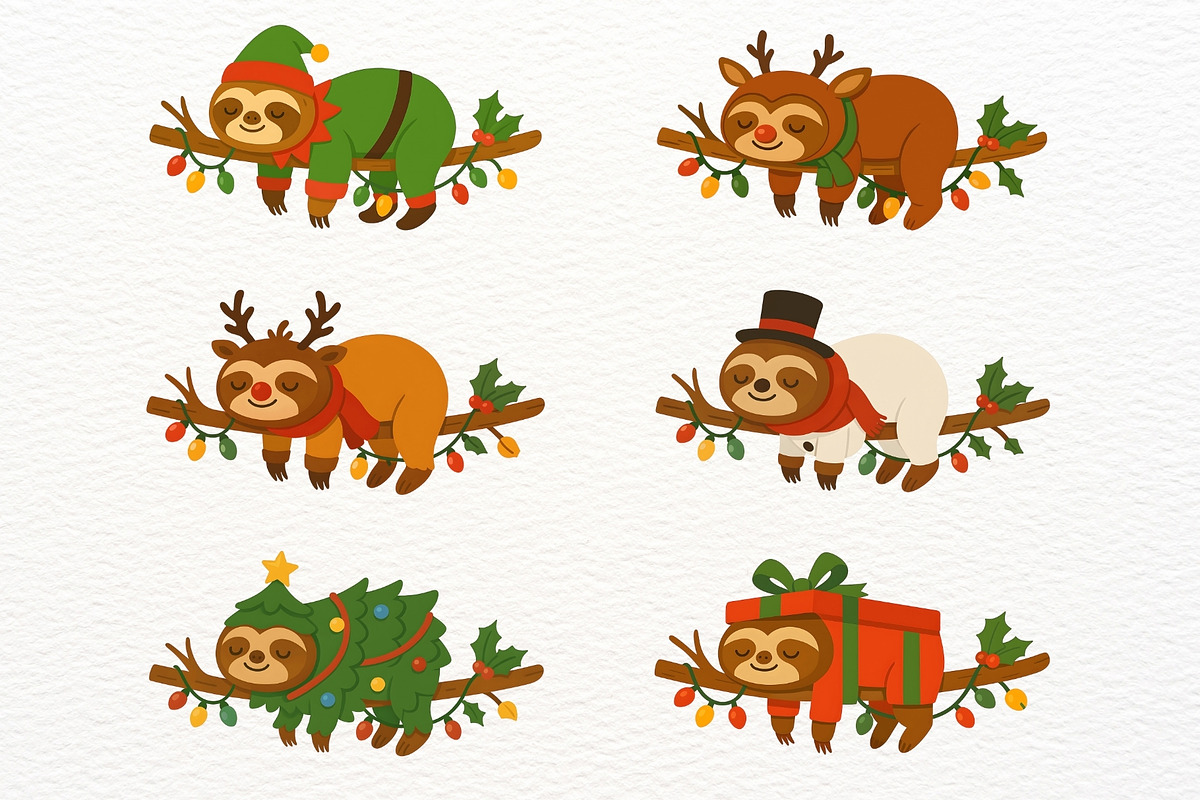 Funny Christmas Sloth Clipart, a Seasonal Illustration by Nicolle's Colorful Art (Photo 2 of 6)