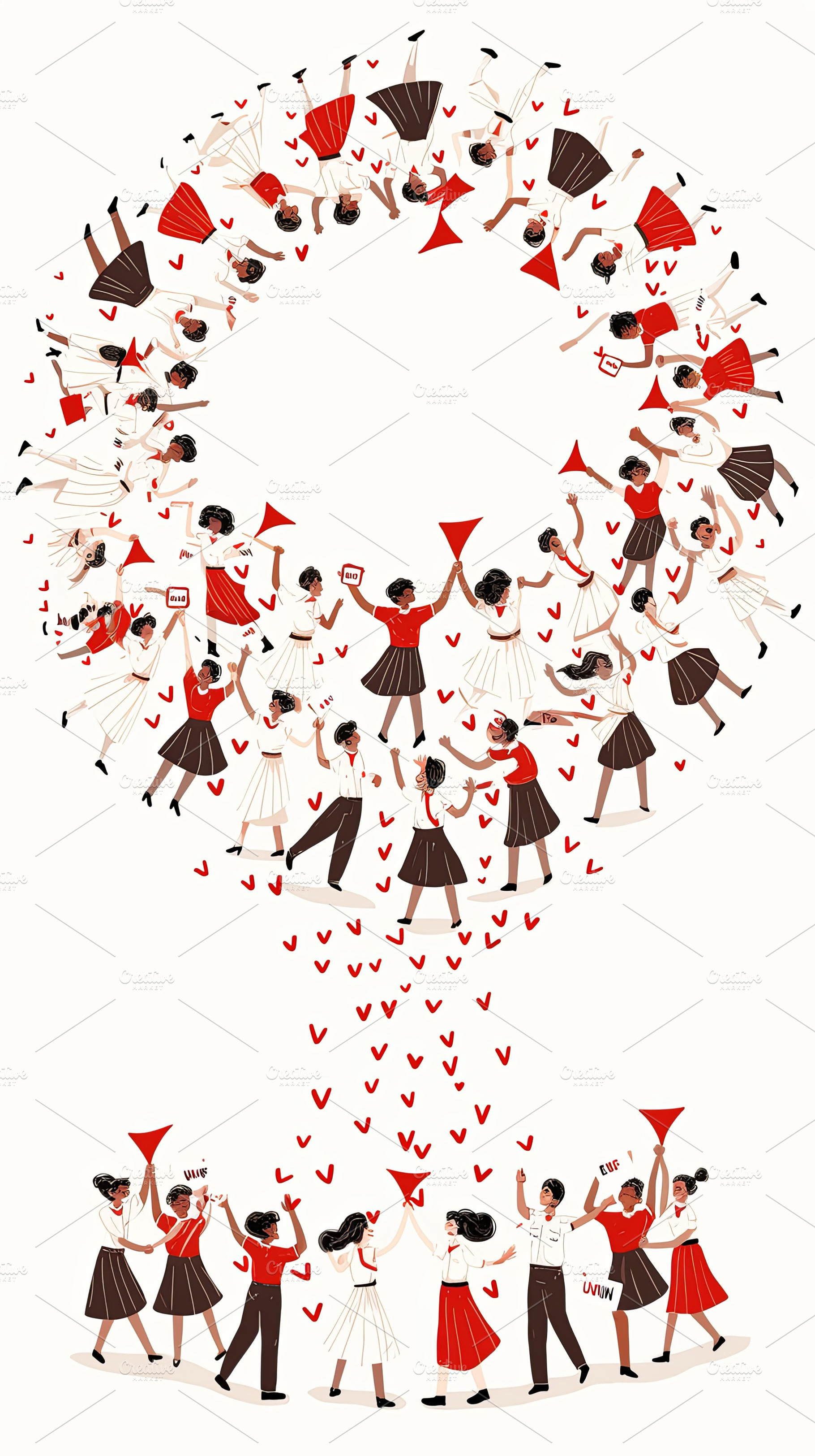 Illustration of unity symbol with diverse individuals holding hands and cheerin, a Photo by AS photostudio
