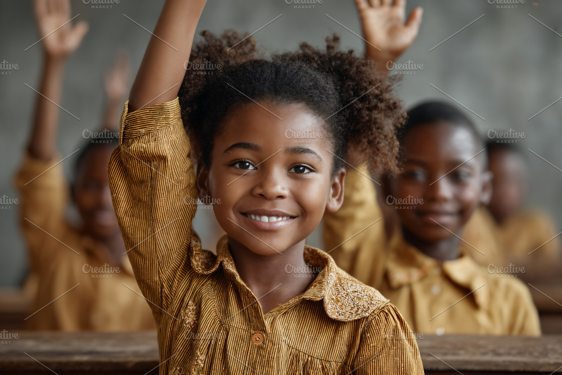 Smiling black student raises hand in classroom setting, a School & Education Photo by OSORIOartist