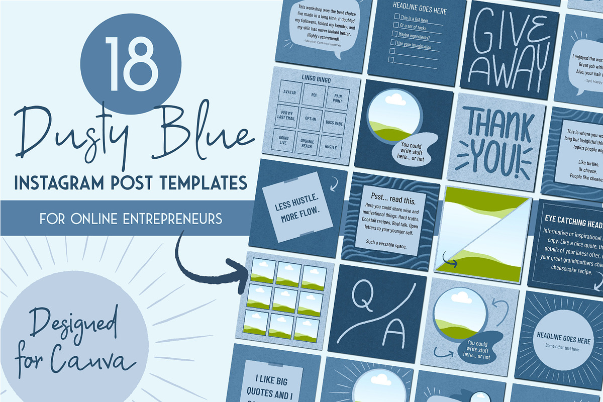 Dusty Blue Instagram Canva Templates, a Social Media Template by Lena Elizer Art + Design (Photo 1 of 6)