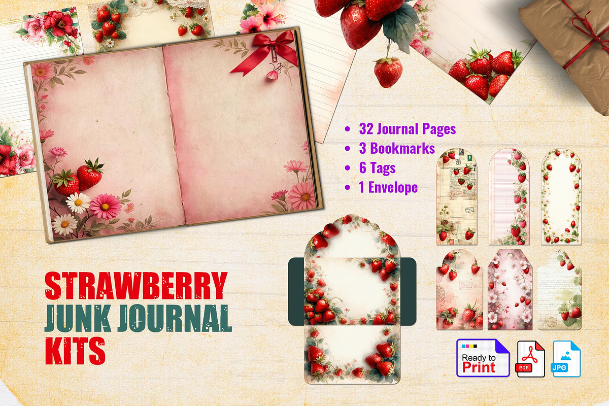 Strawberry Junk Journal Kit, a Background Graphic by Graphic Template (Photo 1 of 2)