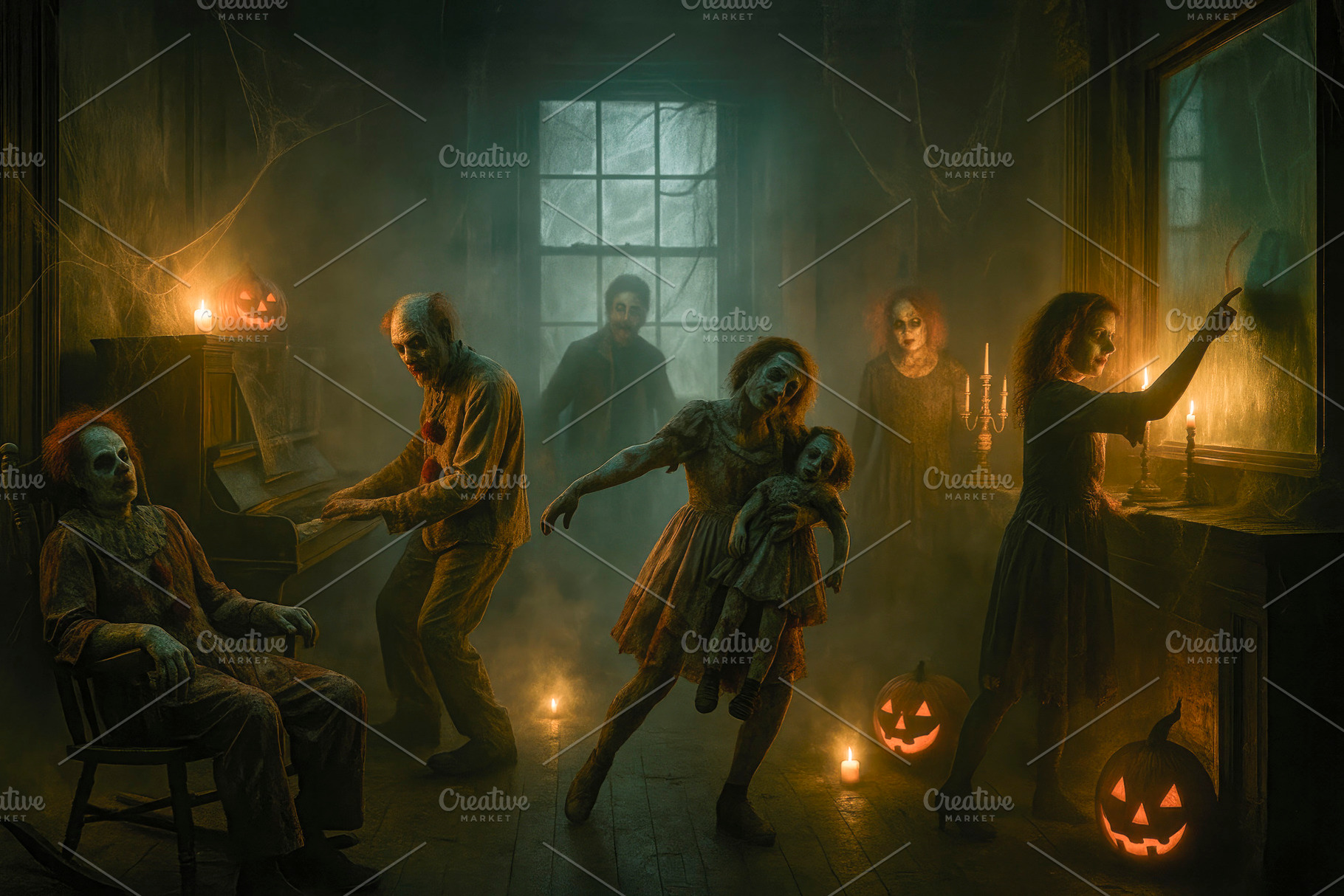 halloween clowns in haunted room, generative AI, a Photo by Nito