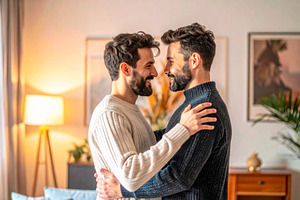 Gay Couple Hugging at Home, a Person Photo by Davizro's Market