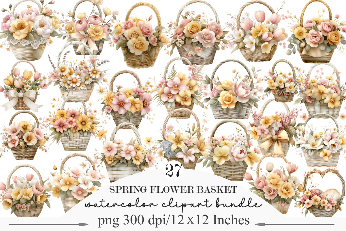 Watercolor Spring Flower Basket, an Illustration by Designking (Photo 1 of 5)