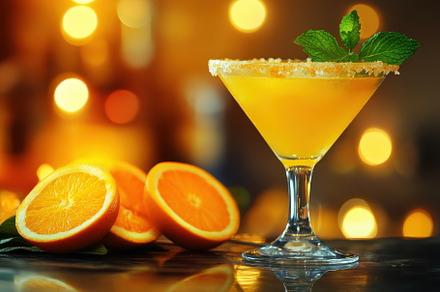 A vibrant orange cocktail sits elega, a Photo by Tanuart