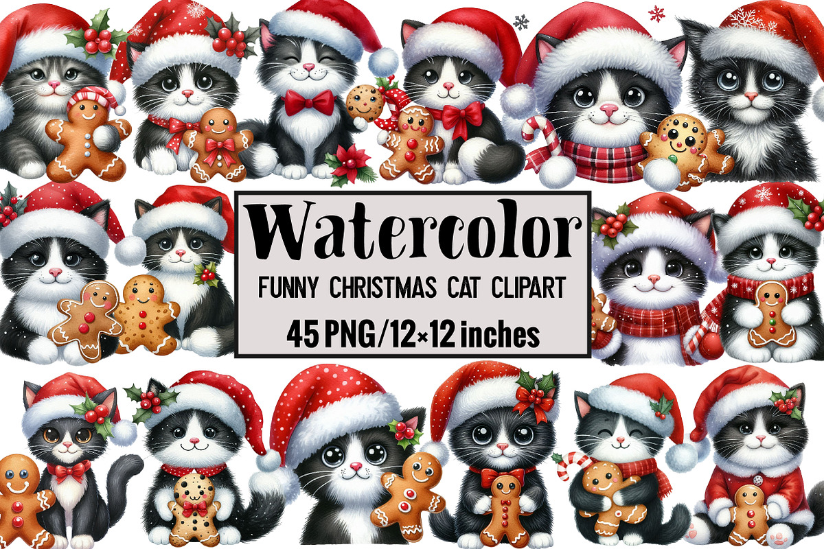 Funny Christmas Cat Clipart, an Illustration by Design Market (Photo 1 of 3)