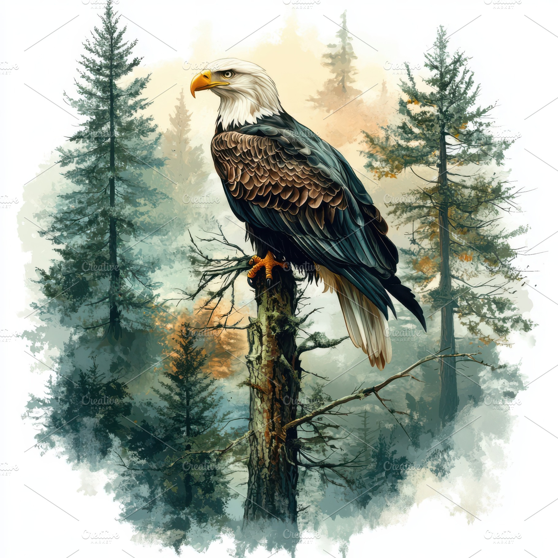 Majestic Bald Eagle in Misty Forest, an Animal Photo by Pixeness Studio