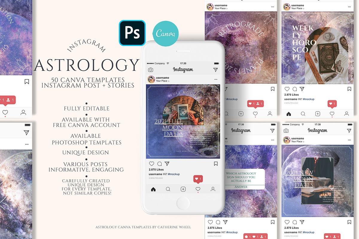 -50% Astrology Canva PS templates, a Social Media Template by Vintage Digital Textures (Photo 2 of 9)
