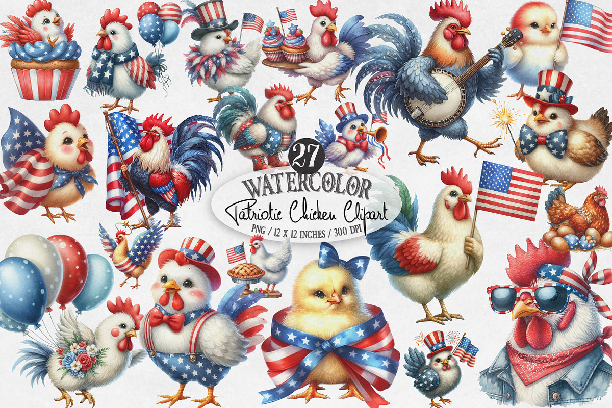 Watercolor Patriotic Chicken PNG, an Illustration by Designking (Photo 1 of 4)