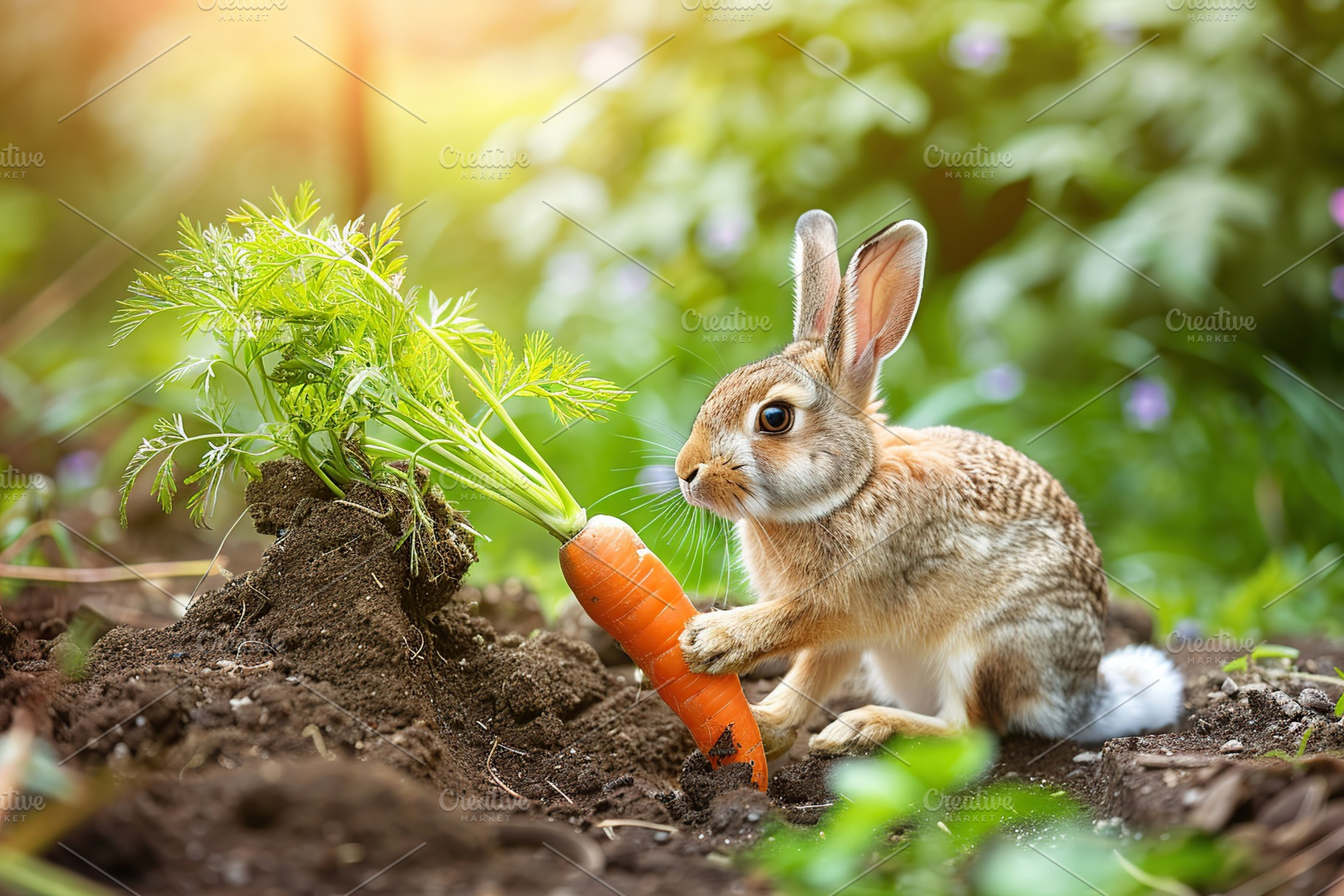 Baby rabbit eating fresh carrot in the garden, a Photo by AlyaAnd