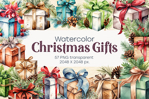 Watercolor Christmas gifts. PNG, a Decorative Illustration by KENO Mascots