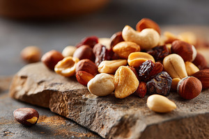 Assorted mixed nuts on stone, a Food & Drink Photo by AlyaAnd