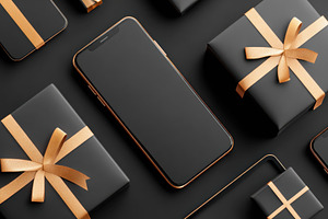 Smartphone surrounded by elegant black gift boxes, a Holiday Photo by AlyaAnd