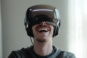 Man enjoys virtual reality experience while wearing advanced VR helmet indoors, a Technology Photo by AlyaAnd
