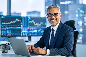 Man sitting in a modern home office with digital charts blurred, a Photo by DanFLCreativo