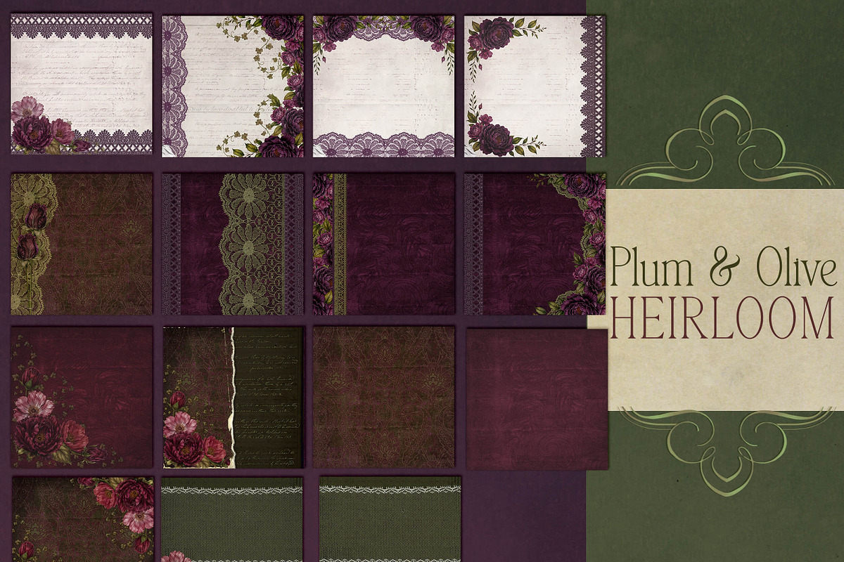 Plum & Olive Floral Digital Papers, a Background Graphic by Posh Papers & Patterns (Photo 4 of 7)
