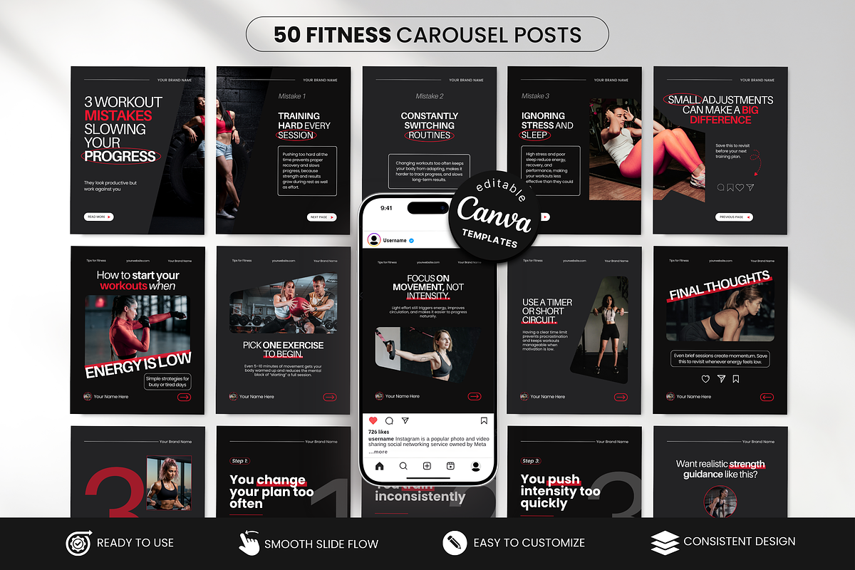 Fitness Carousel Instagram Posts Red, a Social Media Template by DigiPax (Photo 1 of 11)