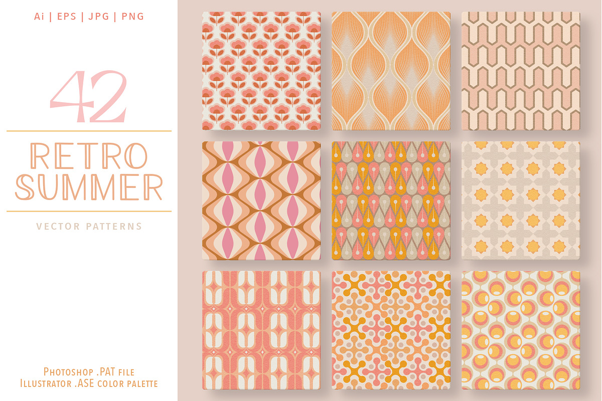 42 Groovy Retro Summer Patterns Set
